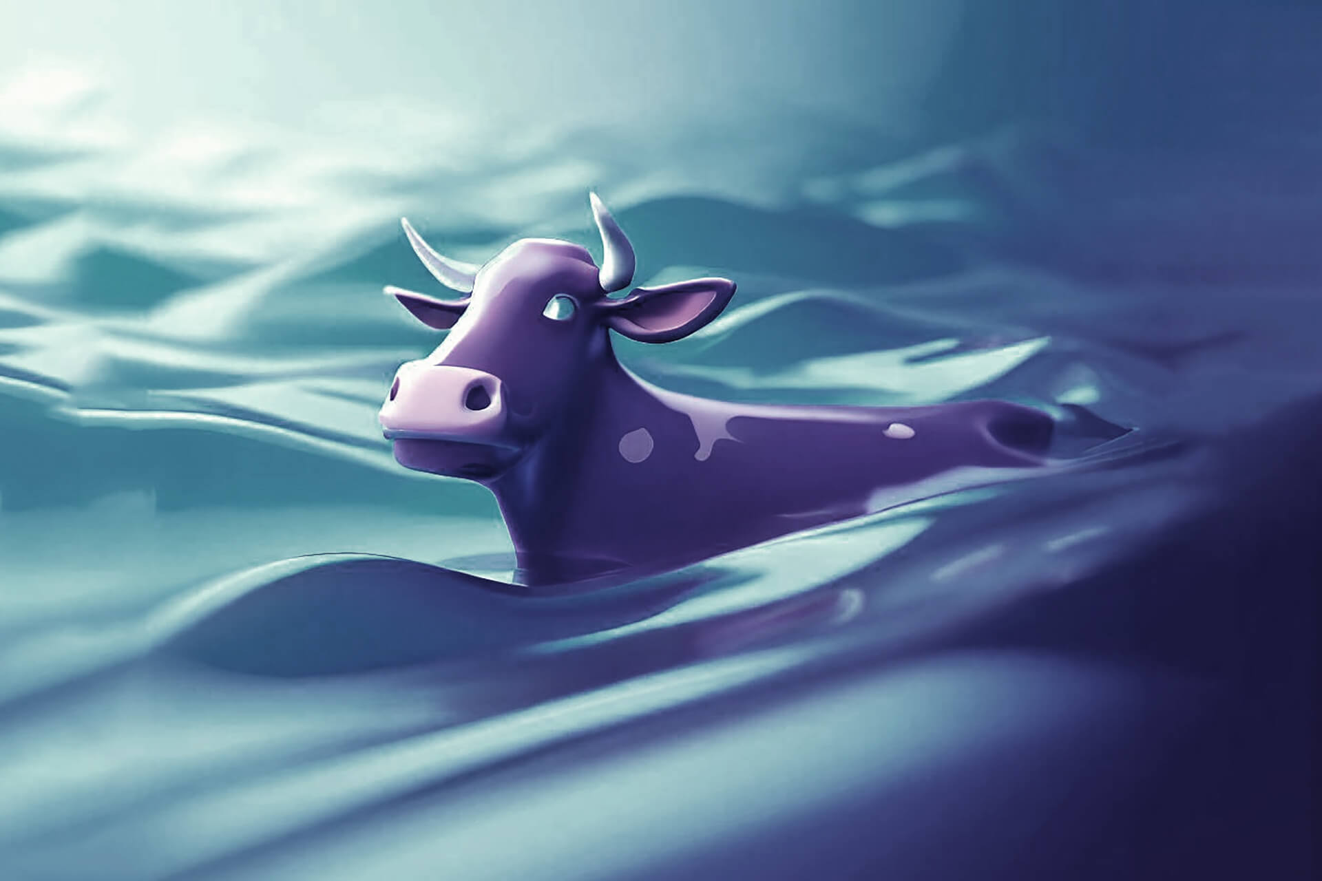 la mucca viola in un mare blu - immagine generata con AI